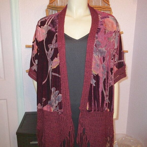 Vtg Y2K Burnout Velvet Kimono Longline Crochet Fringe Stevie Witchy Whimsigoth - Picture 2 of 11